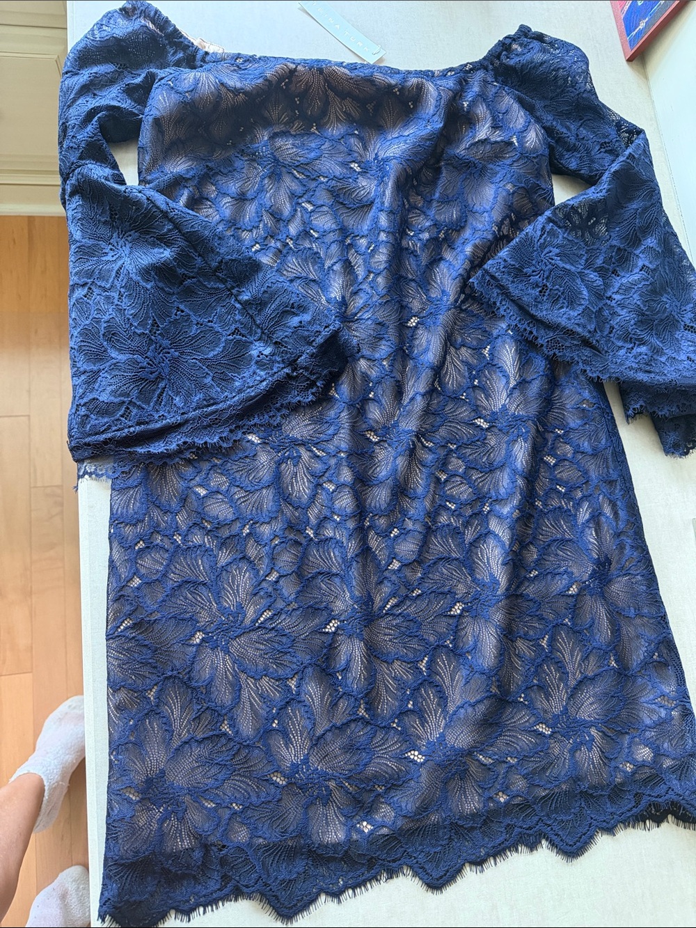 Trina Turk Navy Blue Off-Shoulder Lace Mini Dress